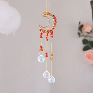 Handmade moon crystal suncatcher with red crushed stones and hanging crystal ball prisms