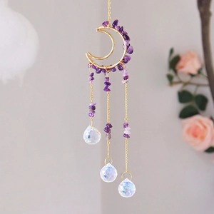 Bohemian moon suncatcher with purple amethyst crystals and hanging diamond prisms