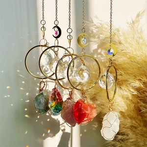 Natural Stone Crystal Suncatcher Moon Metal Ring Hanging Ornament Window Rainbow Maker Garden Home Decor