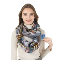 Detail of plaid faux cashmere scarf with practical pocket for phone and hand warmer