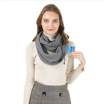 Detail showing hidden functional pocket on gray cashmere-like scarf for small items