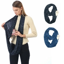 Detail of knit neck gaiter with hidden pocket for phone in black and blue colors