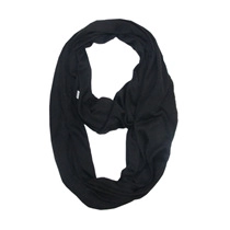 Close-up of black cashmere-like infinity scarf with pocket for phone storage