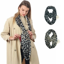 Detail showing two-color leopard print neck warmers on model and flat layout