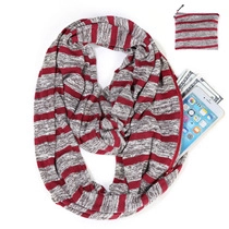 Red and grey striped snood scarf with hidden zipper pocket for phone and cash