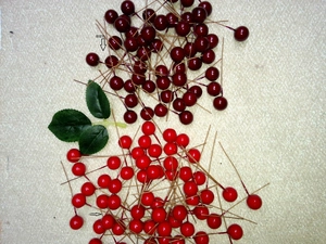 Detailed view of dark purple and red 15mm artificial berries with green leaves on stems