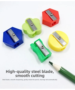 Macro view of colorful plastic pencil sharpeners with high quality steel blades for school
