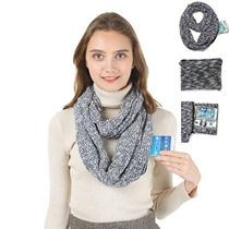 Detail view of grey knit neck warmer featuring hidden zipper pocket for phone and cash