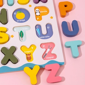 Educational wooden alphabet puzzle for kids featuring colorful letters and word illustrations