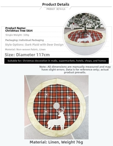 Detail of 117cm burlap Christmas tree skirt featuring red black plaid and deer motif