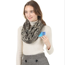 Detail view of animal print loop scarf showing a hidden pocket for carrying a smartphone