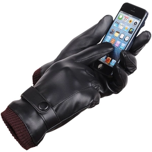 Men's thermal PU leather touchscreen gloves with ribbed cuffs for outdoor cycling