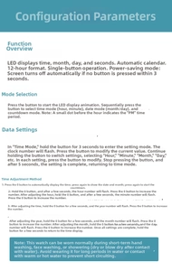 Operating guide for LED digital sports watch showing single-button function settings