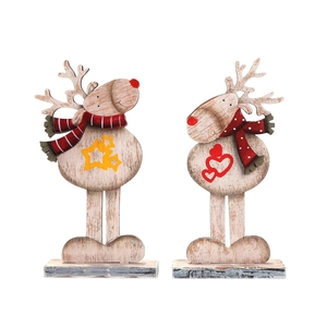 Renna di Natale vintage in legno con motivi a stella e cuore e sciarpe rosse decorative