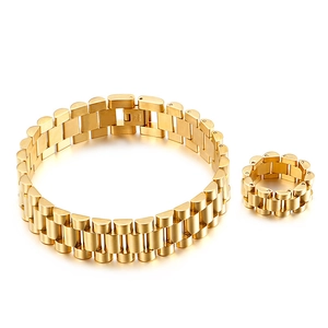 Gold stainless steel bracelet and ring set in classic punk watchband link style