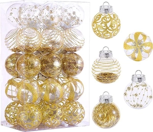 Detail of 6cm clear PET Christmas balls with gold glitter and beads in a set