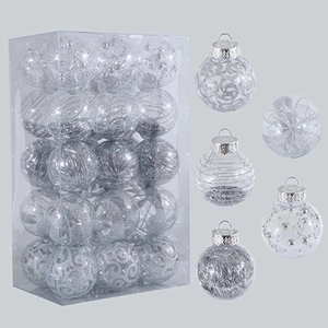 Detailed view of 6cm clear PET Christmas balls with silver glitter and bead patterns