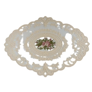 Oval embroidered lace placemat with pink floral patterns on white mesh for home decor
