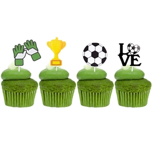 Soccer theme cupcake toppers featuring trophies and gloves for world cup party decor