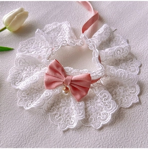 Detail of pet lace collar with pink velvet bow and pearl pendant on white background