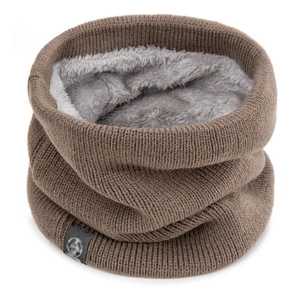 Brown knitted neck warmer with thick gray fleece lining for winter outdoor warmth