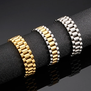 Three rows of stainless steel presidential link bracelets in gold, silver and two-tone