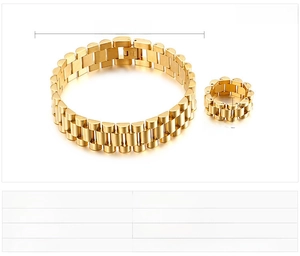 Detailed view of punk style gold stainless steel watchband chain bracelet and ring set