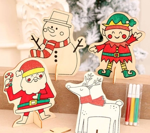 DIY Christmas wooden coloring craft kit with snowman and santa claus wood ornaments