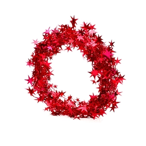 Close-up of sparkling red star-shaped tinsel garland for Christmas tree decoration