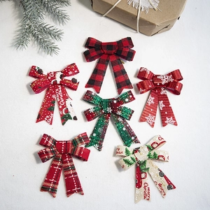 Christmas Ribbon Bows Burlap Linen Plaid Snowflake Pattern For Christmas Tree Decoration Gift Wrapping Festive Hanging Ornaments