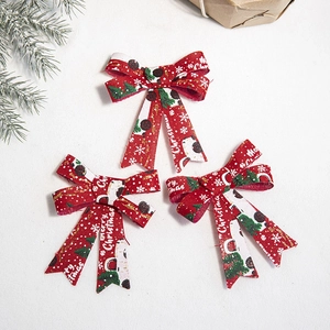 Set of 3 red checkered Christmas tree bows with Merry Christmas print and snowflake patterns