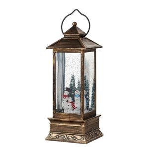 Bronze Christmas water lantern with snowmen micro-landscape and swirling glitter