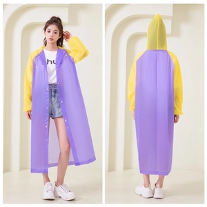 Detailed front and back views of thick EVA raincoat with yellow and purple contrast panels