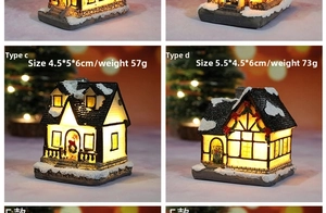 Detail view of miniature LED Christmas resin houses with warm light and snow texture