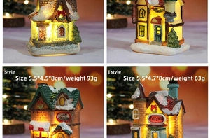 Detail showing lighted resin Christmas miniature houses with size and weight specifications