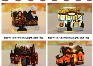 LED lighted Christmas resin miniature houses with snow and chimney detail measurements