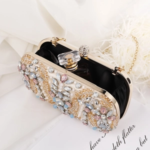 Sparkling crystal evening clutch bag with leaf embroidery and golden metal chain