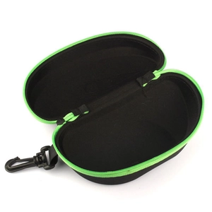 Detail view of the portable hard shell EVA sunglasses case with neon green zipper and hook