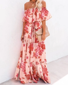 Detail of pink floral strapless maxi dress with tiered skirt and high waist tie
