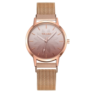 Elegant rose gold ladies quartz watch with gradient floral dial and magnetic mesh strap.