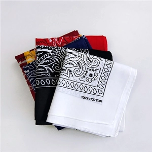 Assorted paisley 100% cotton square bandanas in white, black, red and blue colors