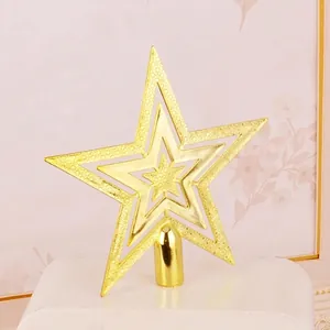 Close-up of 20cm gold glitter hollow star topper with cylindrical base for Christmas tree