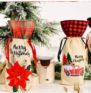 Christmas burlap wine bottle covers featuring poinsettia and red truck holiday patterns
