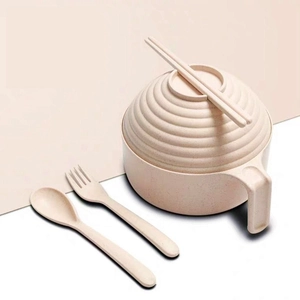 Eco-friendly beige wheat straw noodle bowl set with lid, spoon, fork and chopsticks