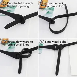 Slim black PU leather knot belt for women with step-by-step instructions on a white background