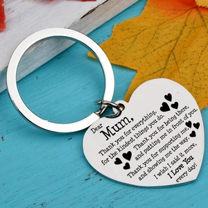 Polished heart-shaped stainless steel keychain for Mom with engraved thank you message