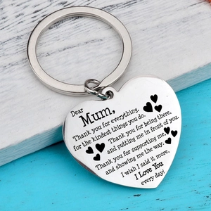 Polished silver heart keychain for Mum with engraved thank you message on wooden background