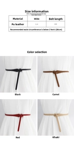 Size chart for women's 0.9cm PU leather knot belt showing lengths and color options