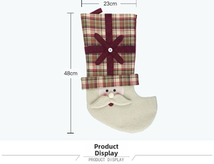 Christmas stocking detail with plaid fabric, Santa face, and size 48x23cm measurement