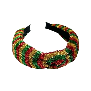 Red green and gold sparkly striped knotted headband for Christmas fashion hair accessory
